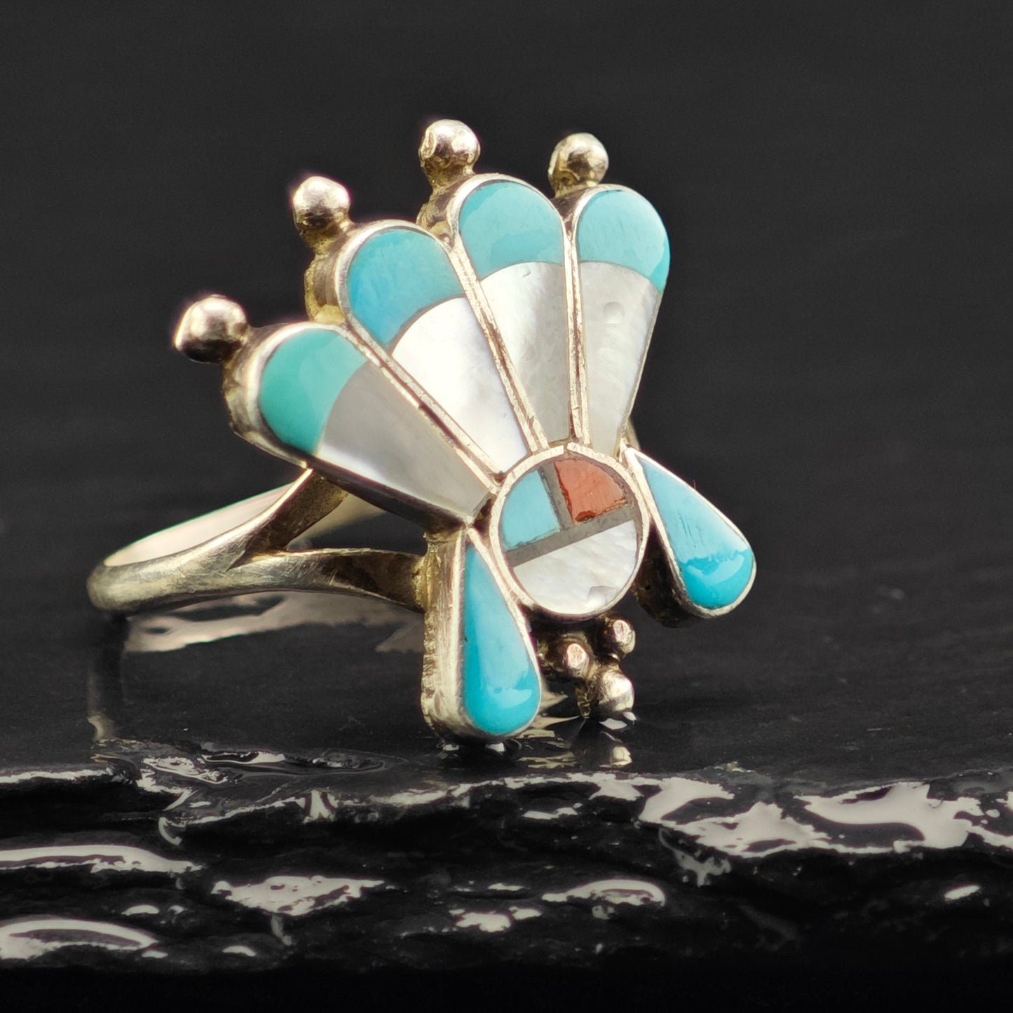 Zuni Sunface Inlay Ring Sterling Silver Sz 7 1/4 R6468