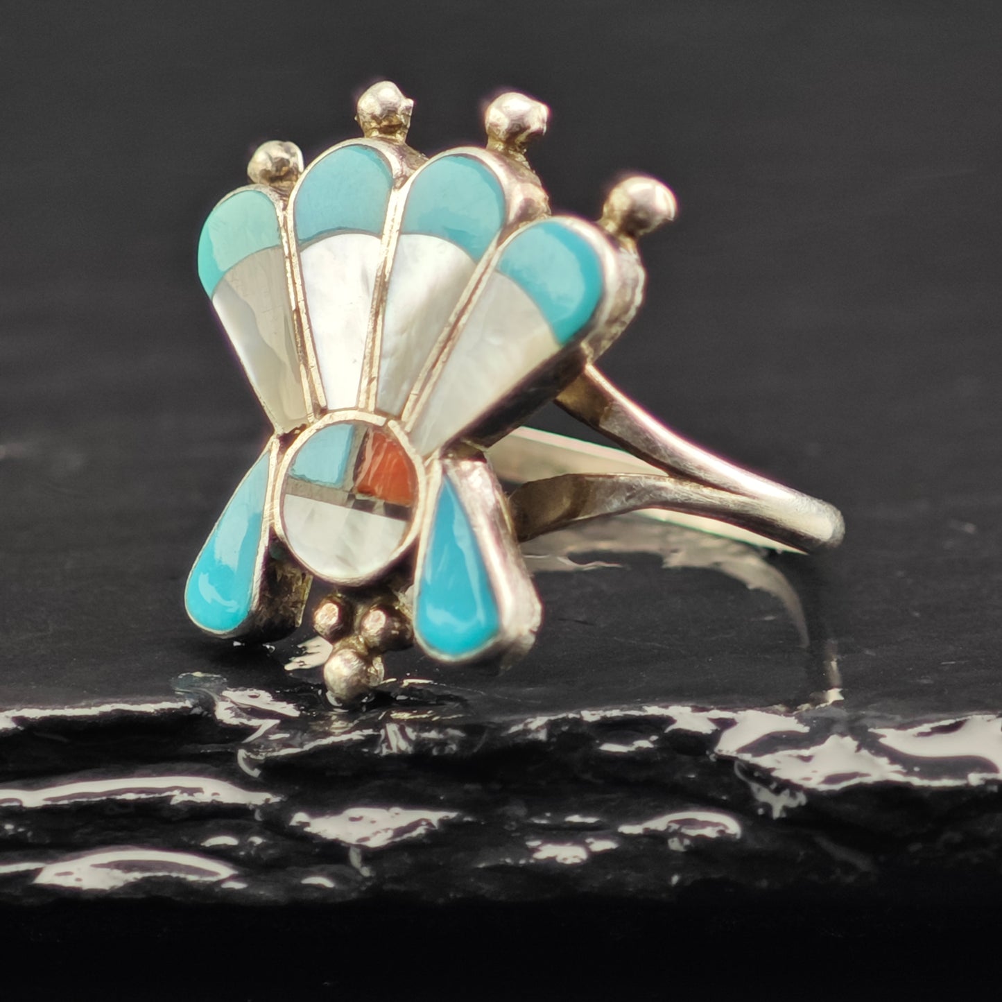 Zuni Sunface Inlay Ring Sterling Silver Sz 7 1/4 R6468