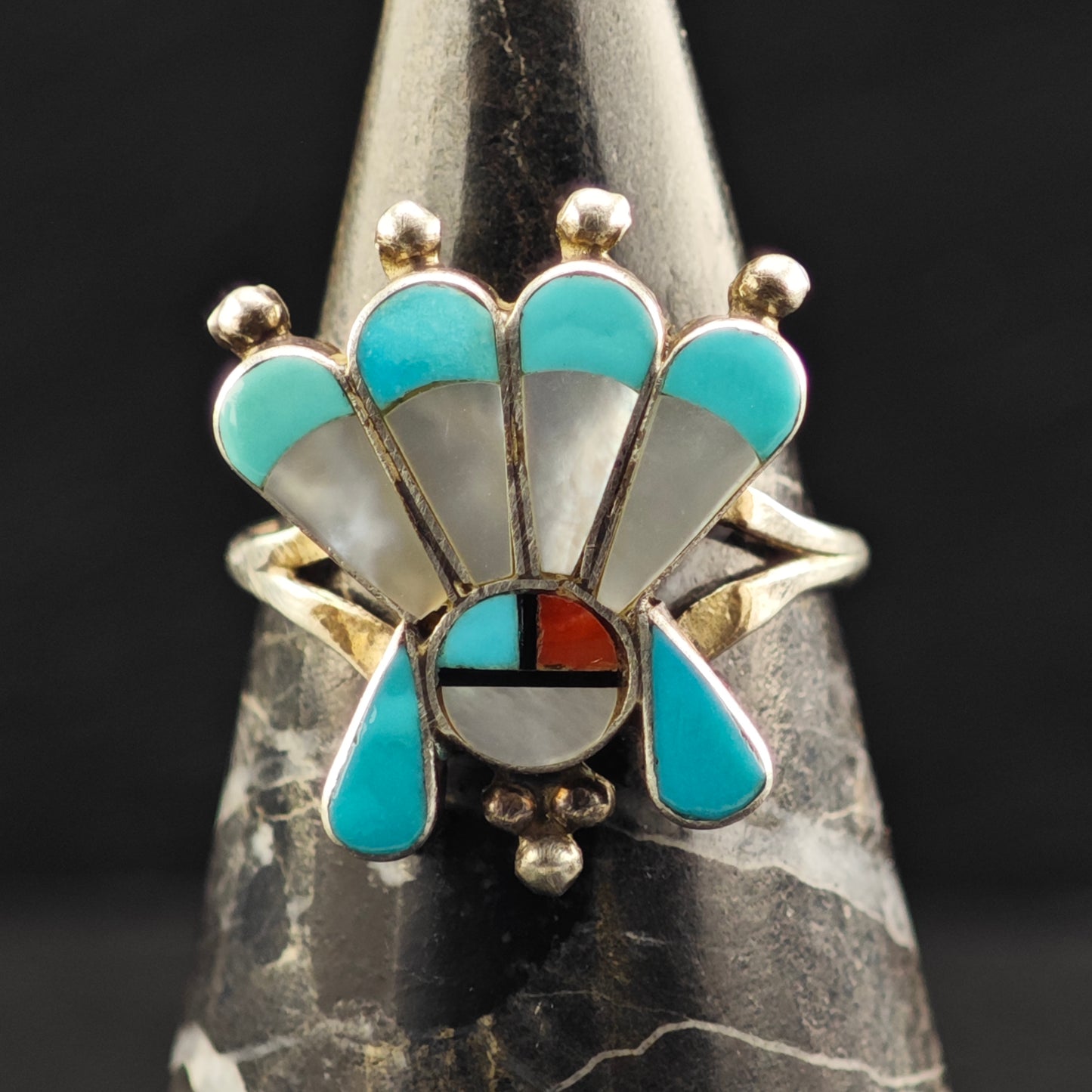 Zuni Sunface Inlay Ring Sterling Silver Sz 7 1/4 R6468