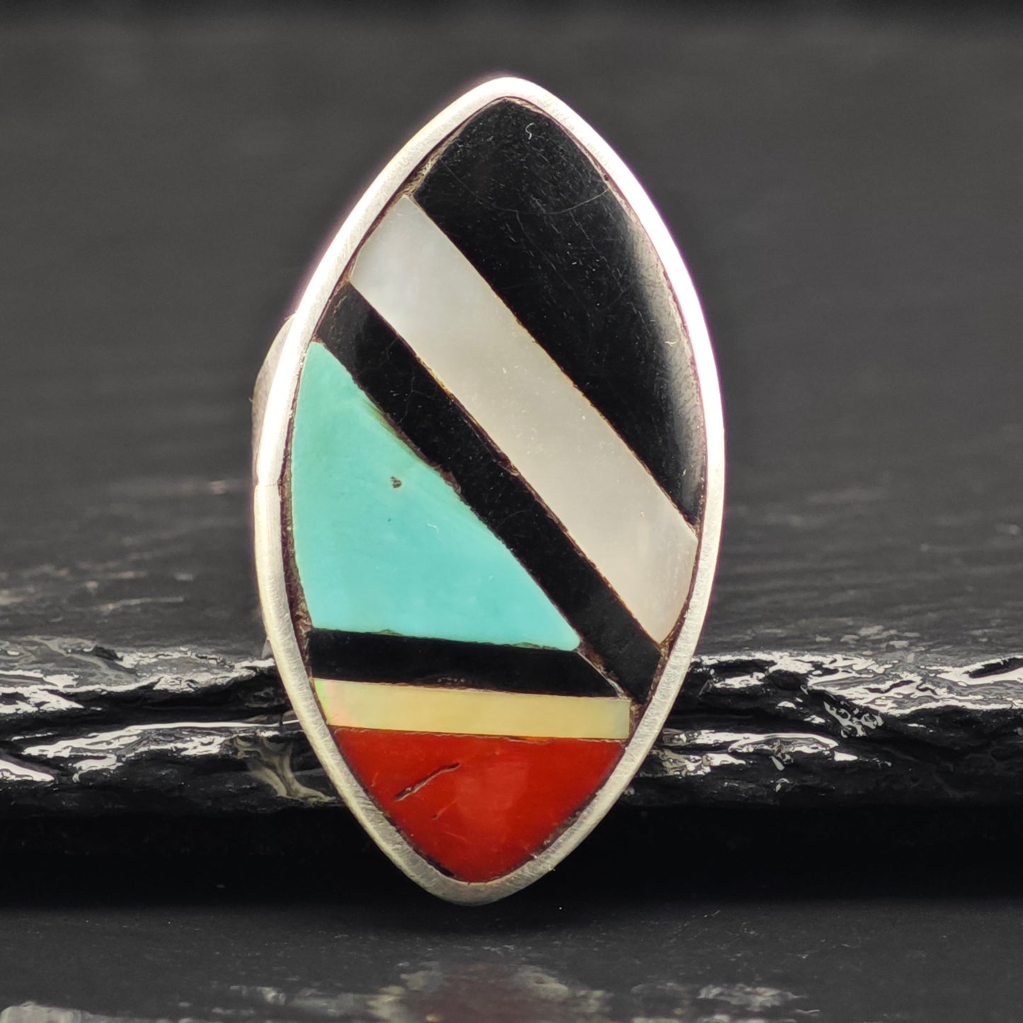 Signed Zuni Marquis Inlay Ring Sterling Silver Sz 5 R6469