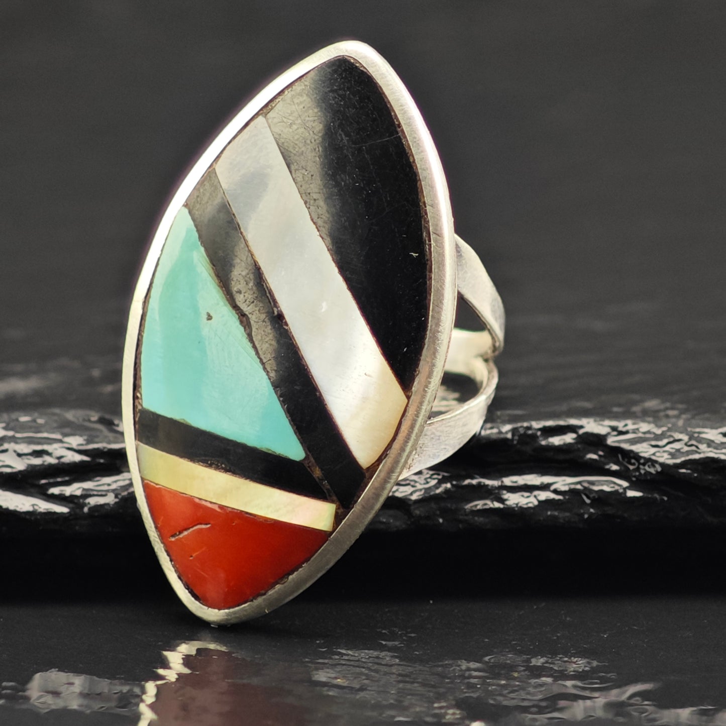 Signed Zuni Marquis Inlay Ring Sterling Silver Sz 5 R6469