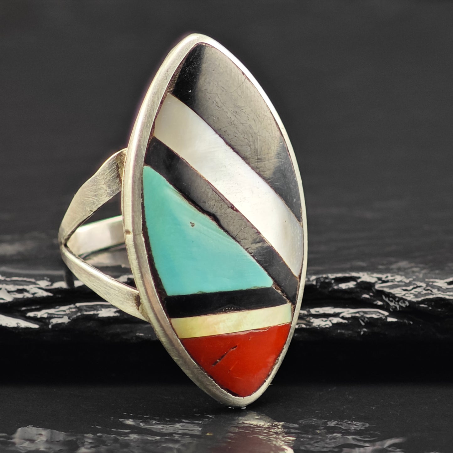 Signed Zuni Marquis Inlay Ring Sterling Silver Sz 5 R6469