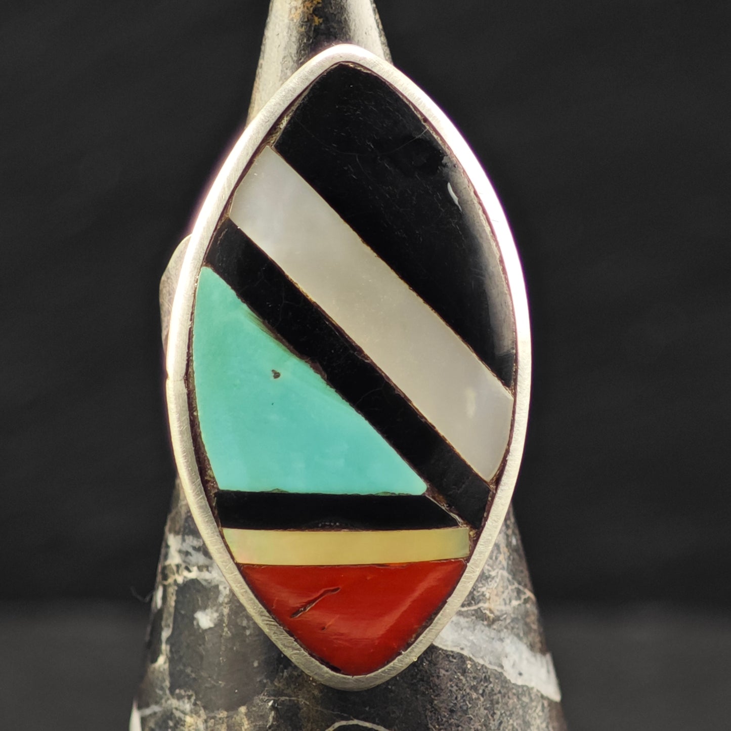 Signed Zuni Marquis Inlay Ring Sterling Silver Sz 5 R6469