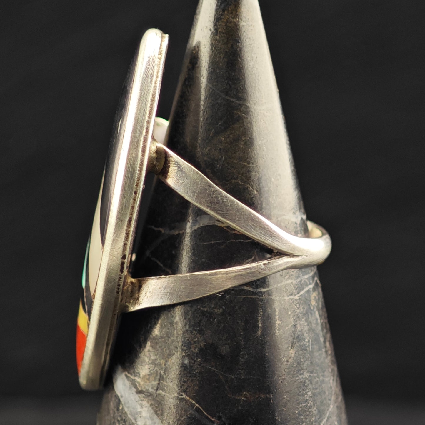 Signed Zuni Marquis Inlay Ring Sterling Silver Sz 5 R6469