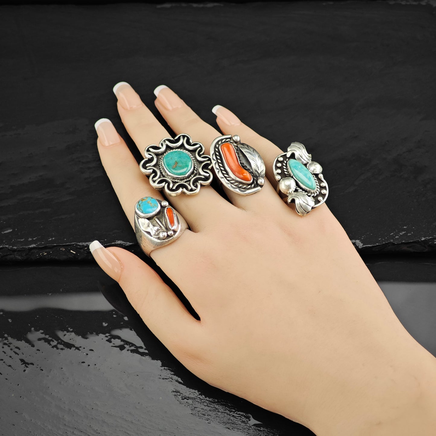 Sw Abstract Turquoise Coral Ring Sterling Silver Sz 9 1/2 R6410