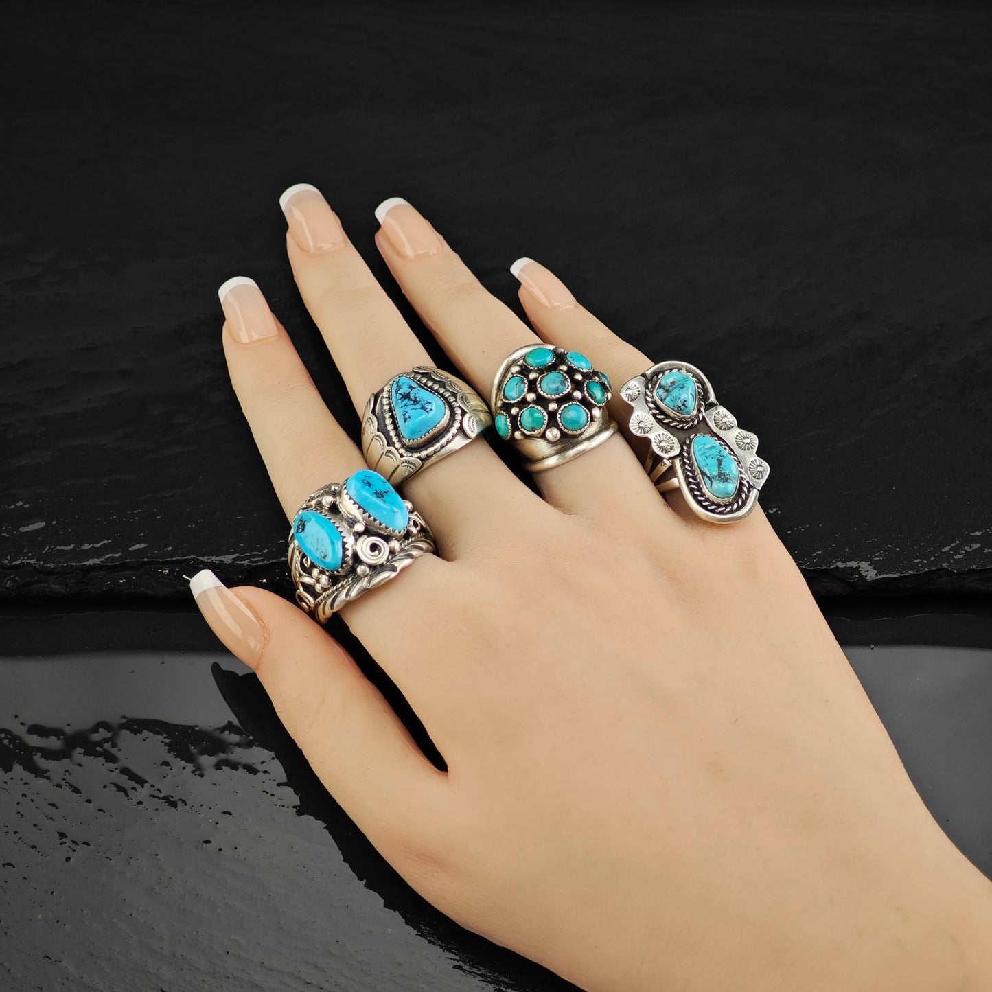 Vintage Native American Turquoise Cluster Ring Sterling Silver Sz 4 1/2 R6438