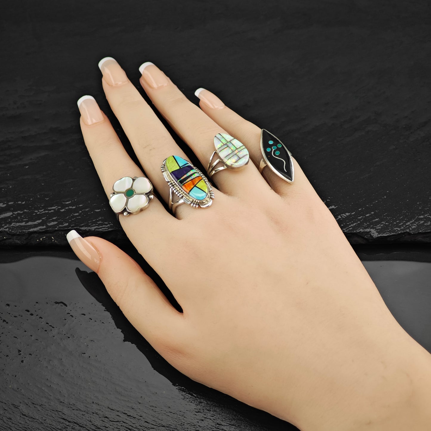 Native American Lab Opal Inlay Ring Sterling Silver Sz 7 1/2 R6439
