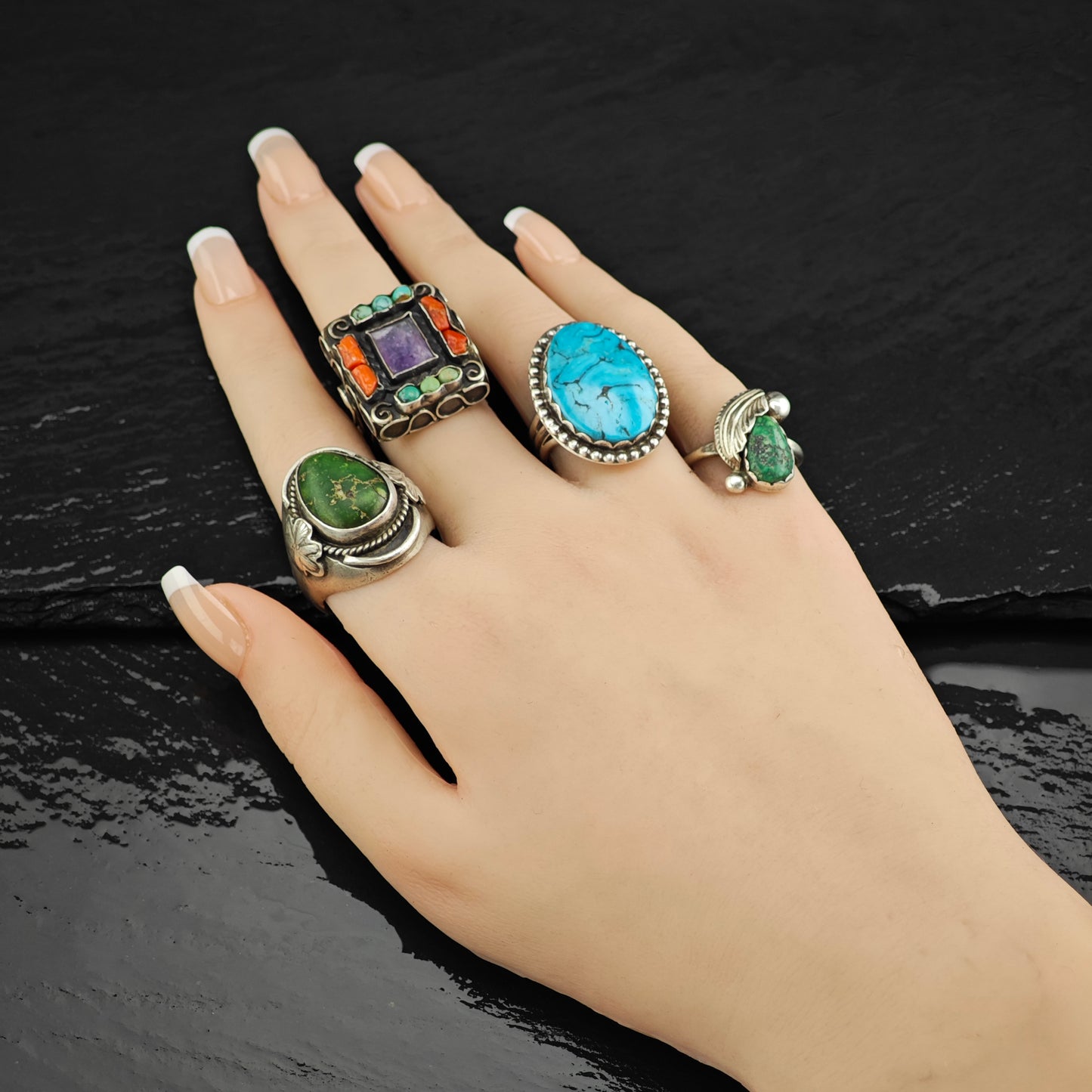 Simplicio, Zuni Green Turquoise Leaf Ring Sterling Silver Sz 7 1/2 R6450