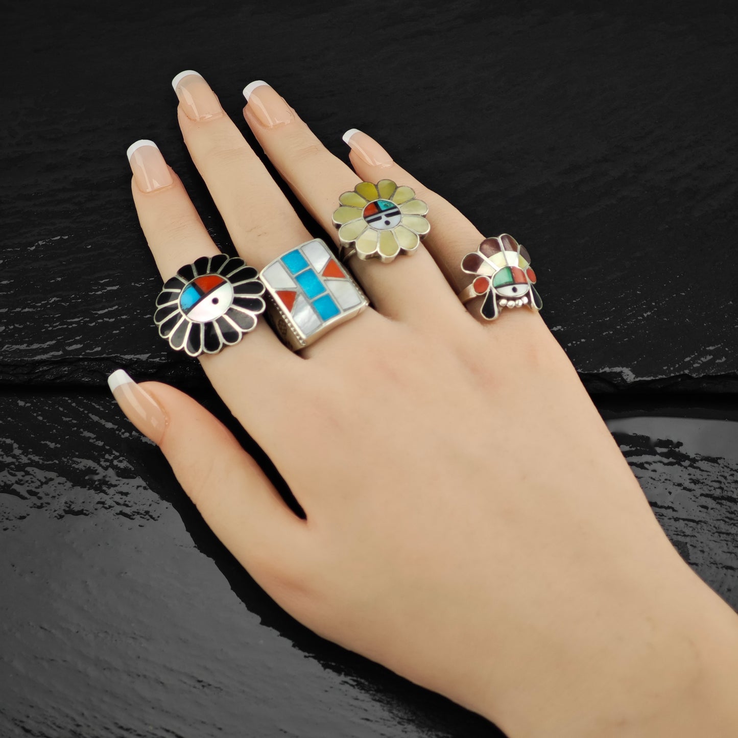 Zuni Jet Sunface Inlay Ring Sterling Silver Sz 6 R6454