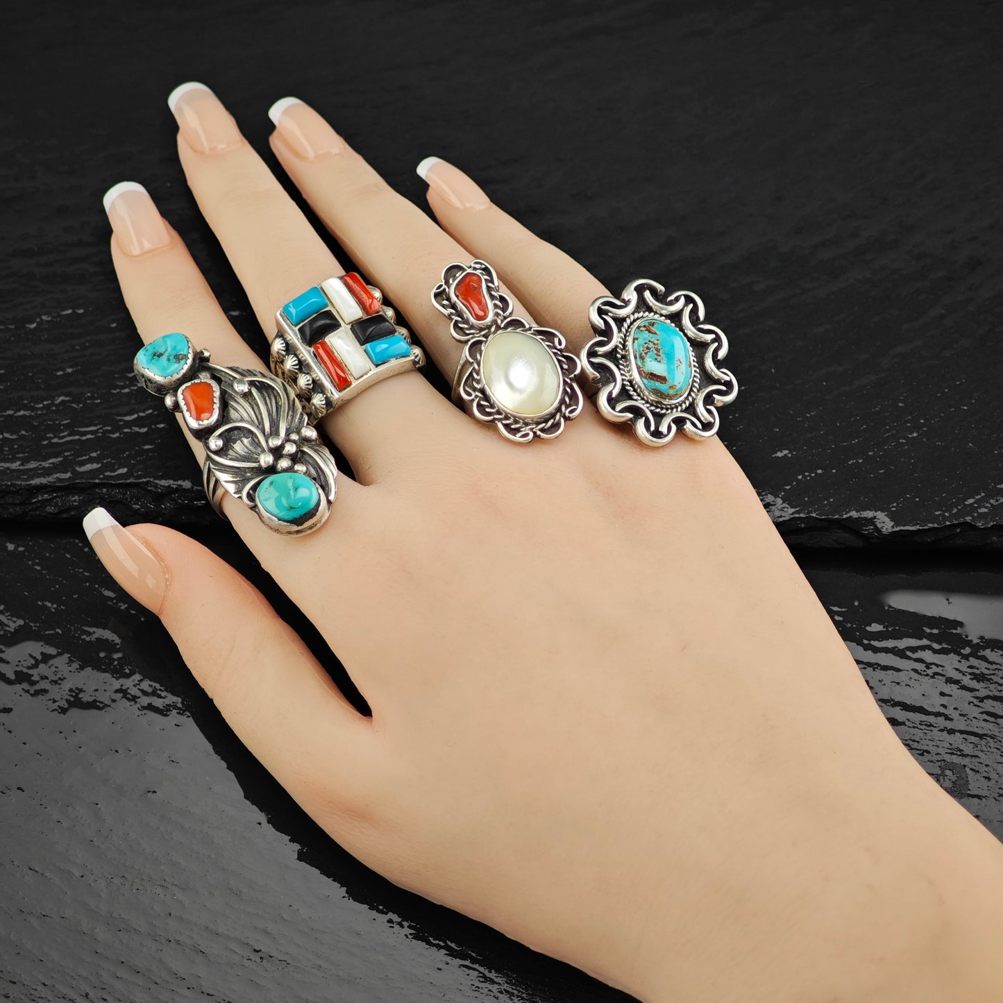 Native American Turquoise Coral Leaf Ring Sterling Silver Sz 9 R6462