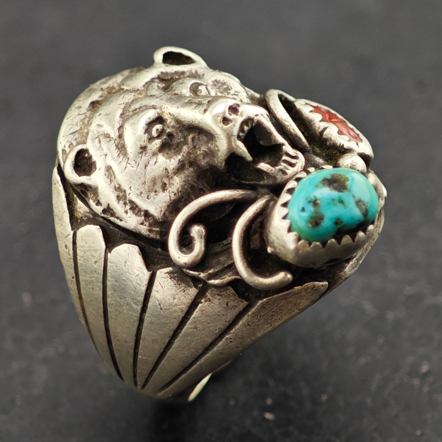 Native American Silver Bear Turquoise Coral Ring Sterling Sz 11 R6398