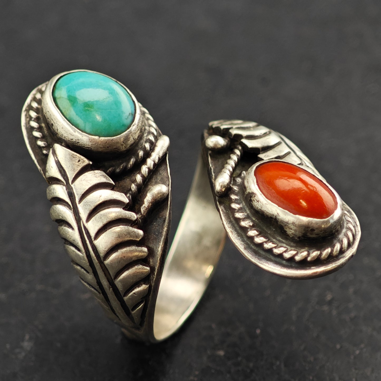 Sw Wrap Turquoise Coral Ring Sterling Silver Sz 9 1/2 R6400