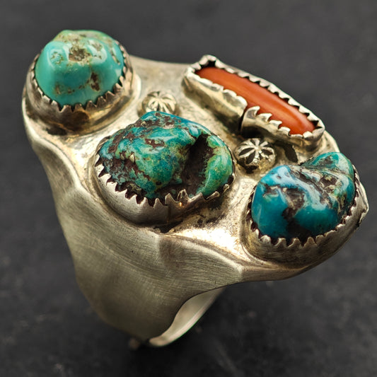 Native American Multi Stone Turquoise Coral Ring Sterling Silver Sz 12 R6409
