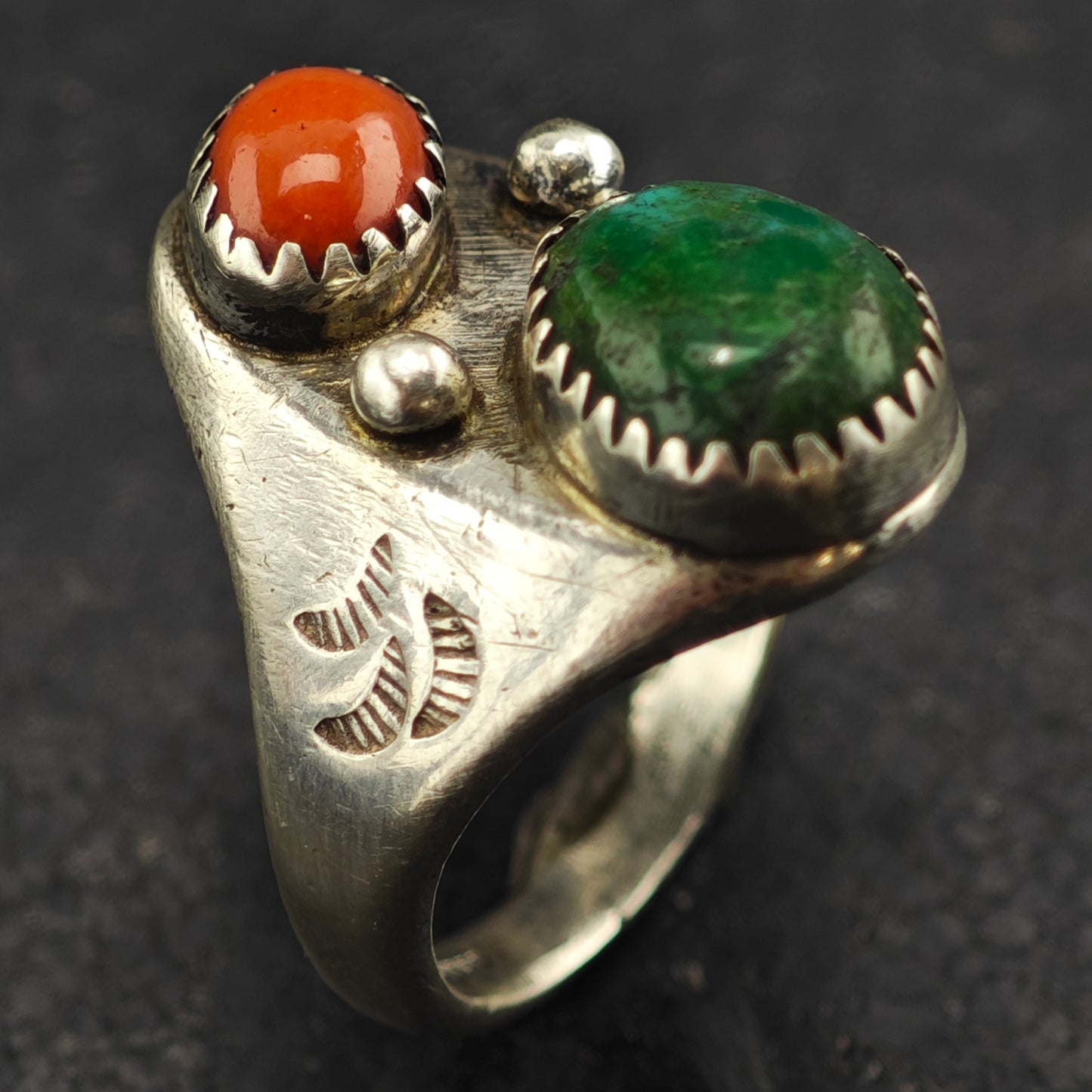 Sw Green Turquoise Coral Ring Sterling Silver Sz 9 R6414