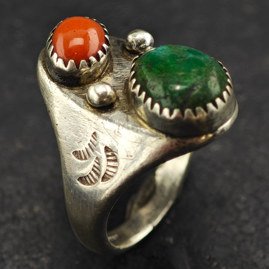 Sw Green Turquoise Coral Ring Sterling Silver Sz 9 R6414