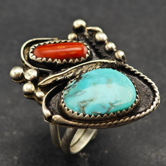 Native American Turquoise Coral Leaf Ring Sterling Silver Sz 7 R6418