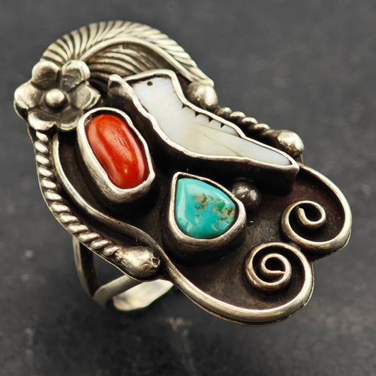 Signed Navajo Bird Floral Ring Sterling Silver Sz 8 1/2 R6423