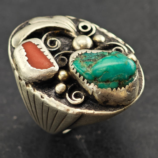 HEAVY Native American Turquoise Coral Ring Sterling Silver Sz 11 R6424