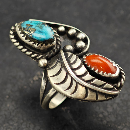 Native American Turquoise Coral Ring Sterling Sterling Sz 7 R6428