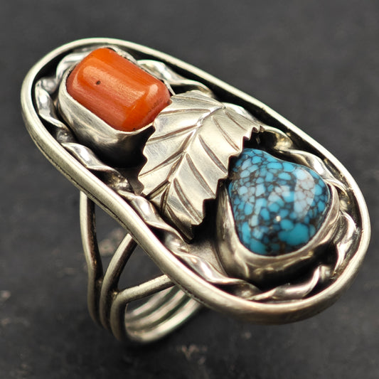 High Grade Turquoise Native American Coral Ring Sterling Silver Sz 7 1/2 R6432