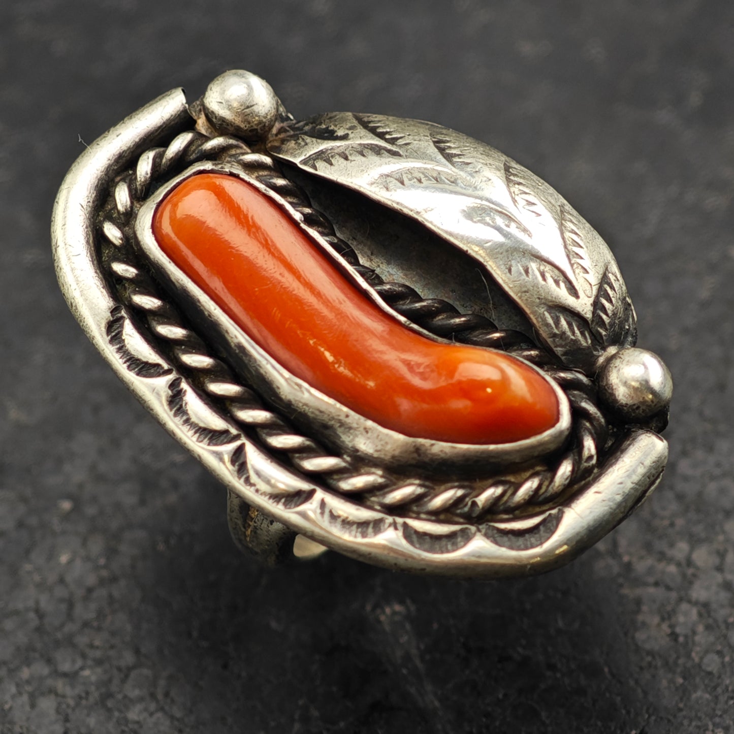 Native American Coral Ring Sterling Silver Sz 5 1/2 R6434