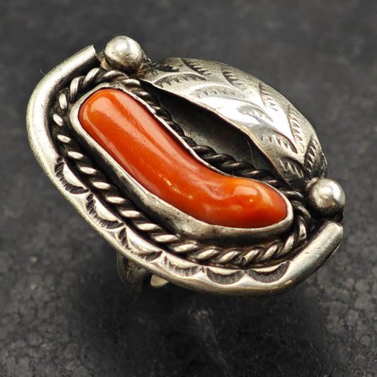 Native American Coral Ring Sterling Silver Sz 5 1/2 R6434