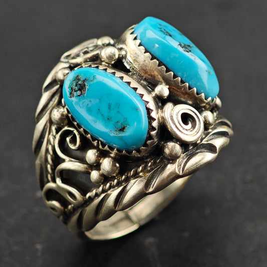 Native American Double Turquoise Ring Sterling Silver Sz 12 1/2 R6437