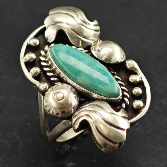 Native American Marquis Turquoise Sterling Silver Sz 7 1/2 R6441