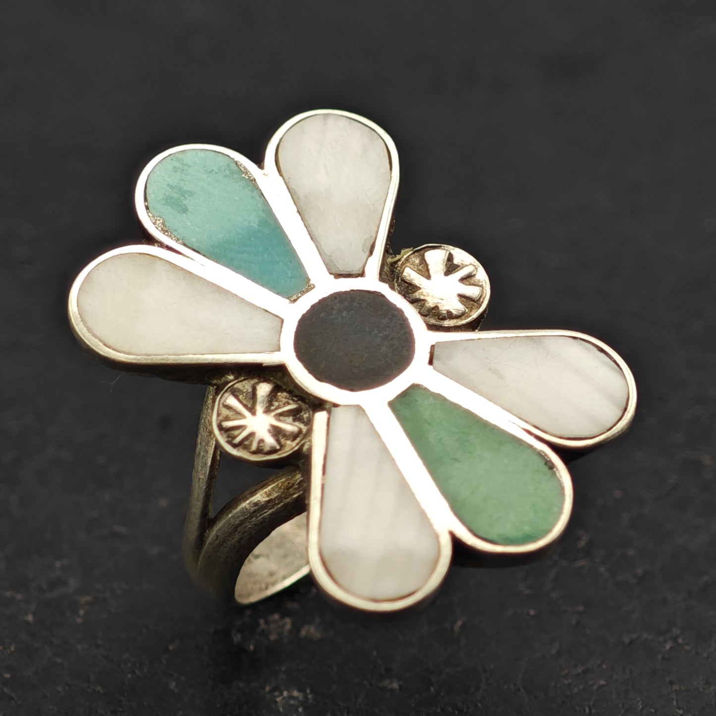 Zuni Turquoise Floral Inlay Ring Sterling Silver Sz 6 R6430