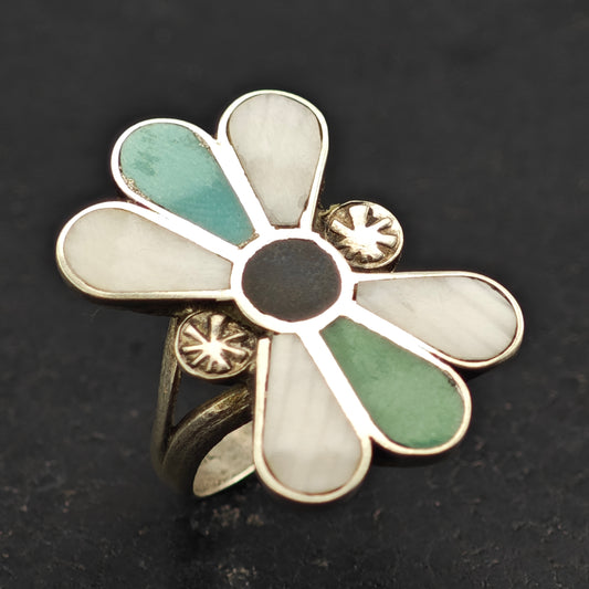 Zuni Turquoise Floral Inlay Ring Sterling Silver Sz 6 R6430