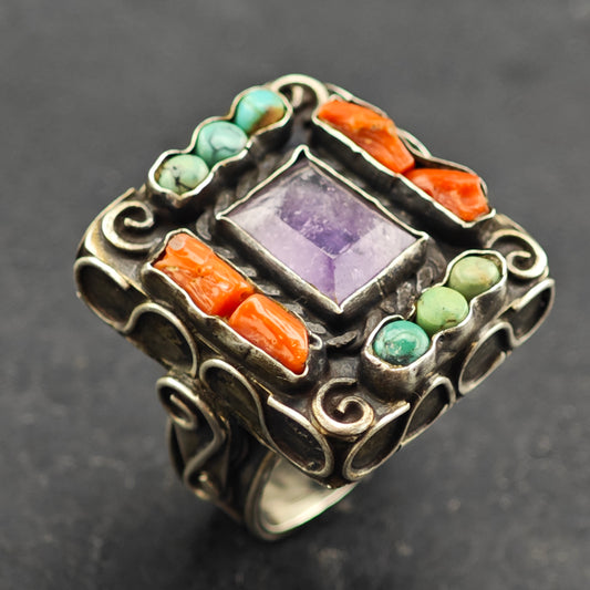 Taxco Amethyst Turquoise Ring Sterling Silver Sz 7 1/2 R6448