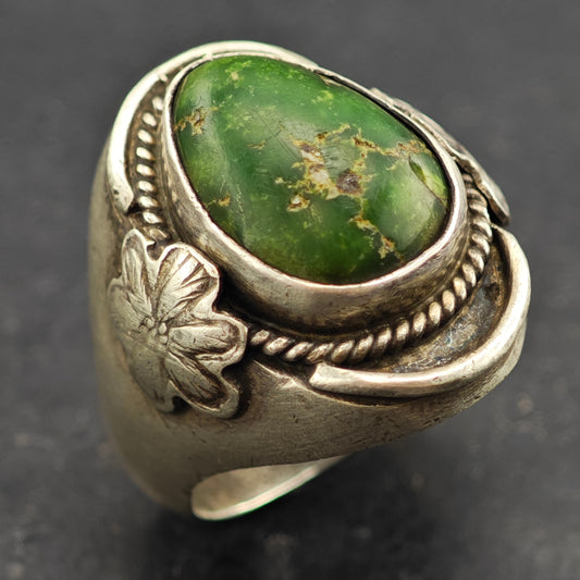 Early Tufa Cast Native American Green Turquoise Ring Sterling Silver Sz 10 R6449