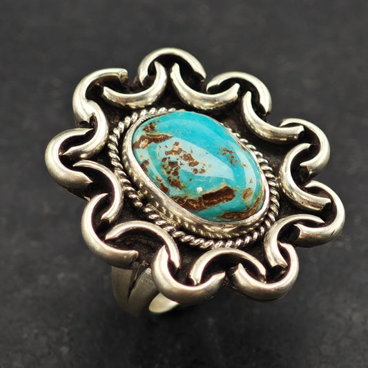 Native American Oval Turquoise Ring Sterling Silver Sz 7 R6453