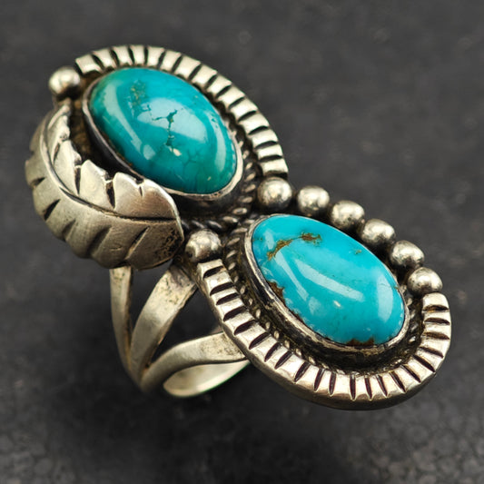 Native American Double Turquoise Ring Sterling Silver Sz 7 R6460