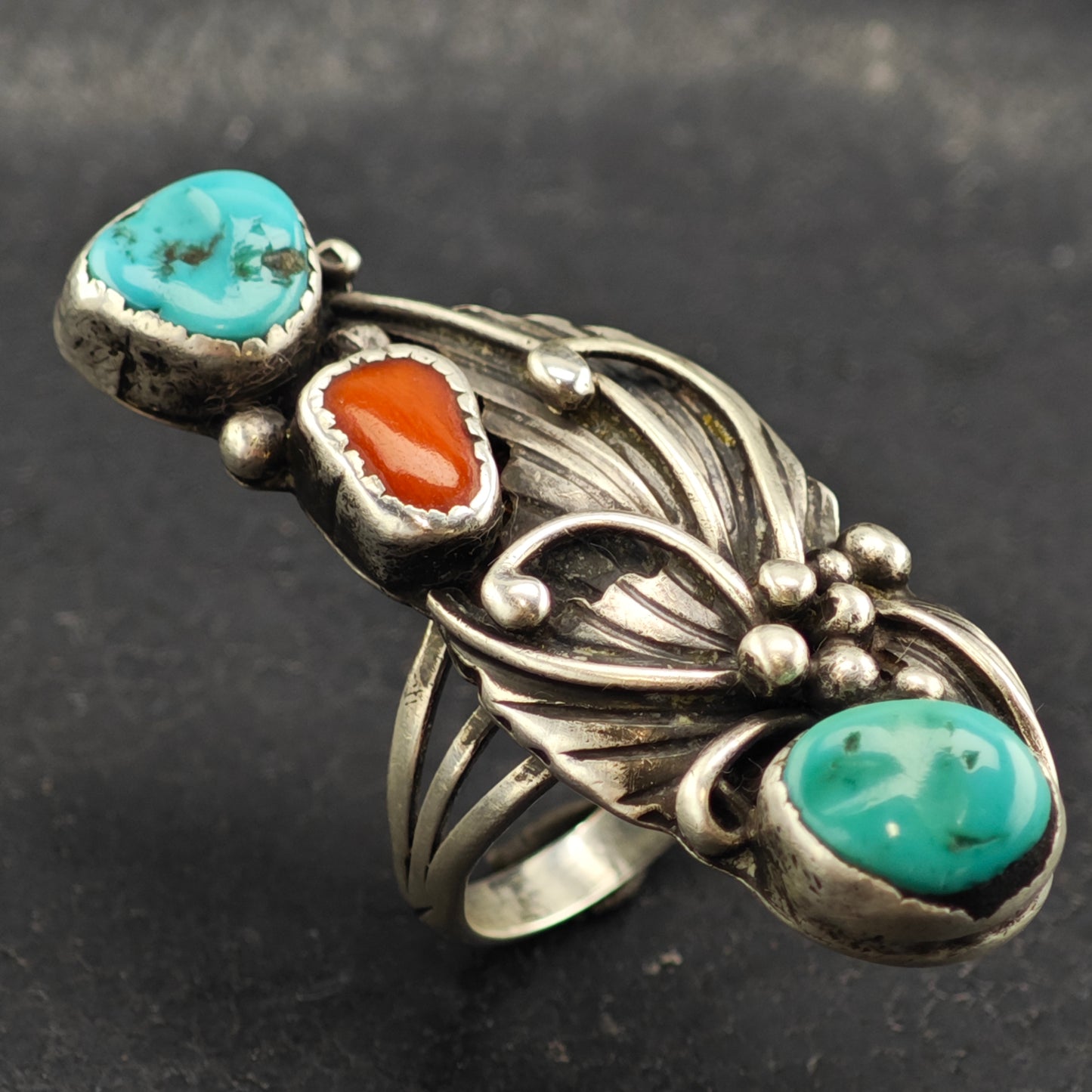 Native American Turquoise Coral Leaf Ring Sterling Silver Sz 9 R6462