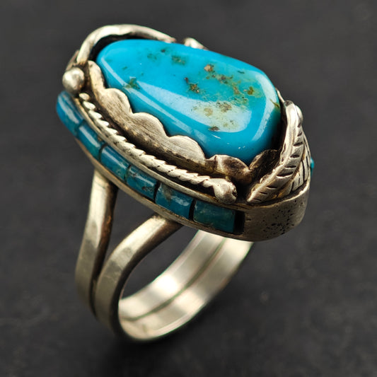 Les Baker Turquoise w Inlay Ring Sterling Silver Sz 7 1/2 R6466