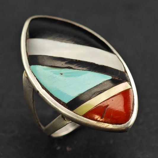 Signed Zuni Marquis Inlay Ring Sterling Silver Sz 5 R6469