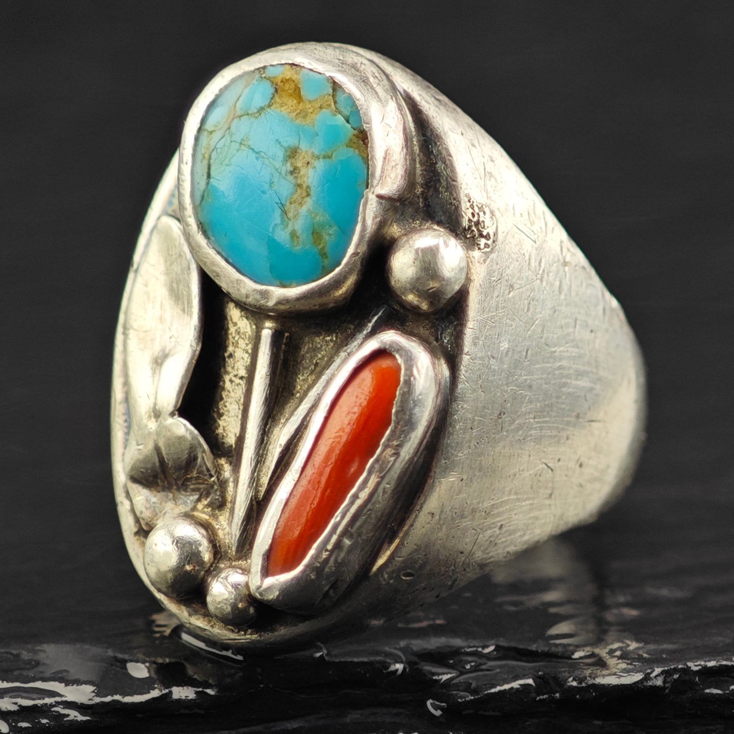Sw Abstract Turquoise Coral Ring Sterling Silver Sz 9 1/2 R6410