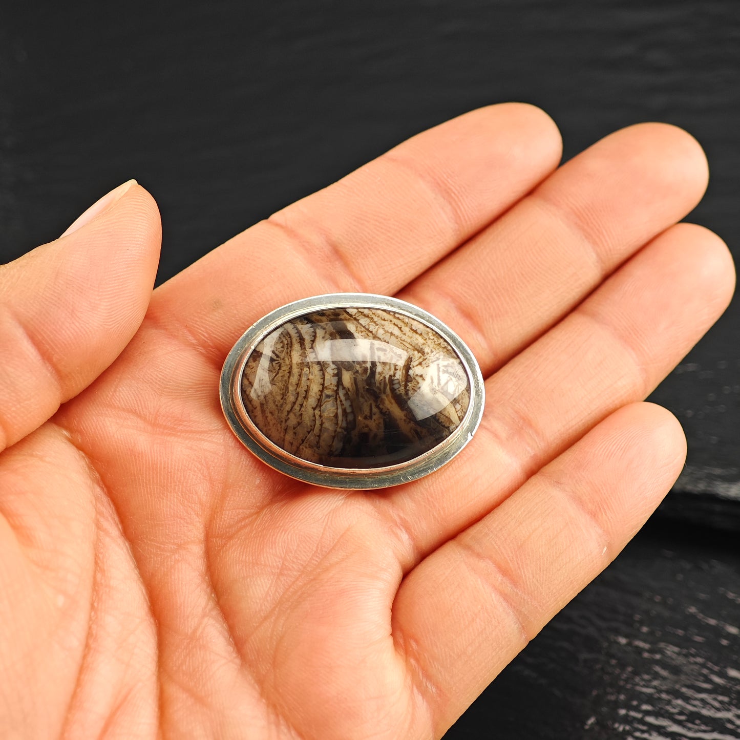 Artist Oval Brown Gemstone, Sterling Silver Brooch B2205