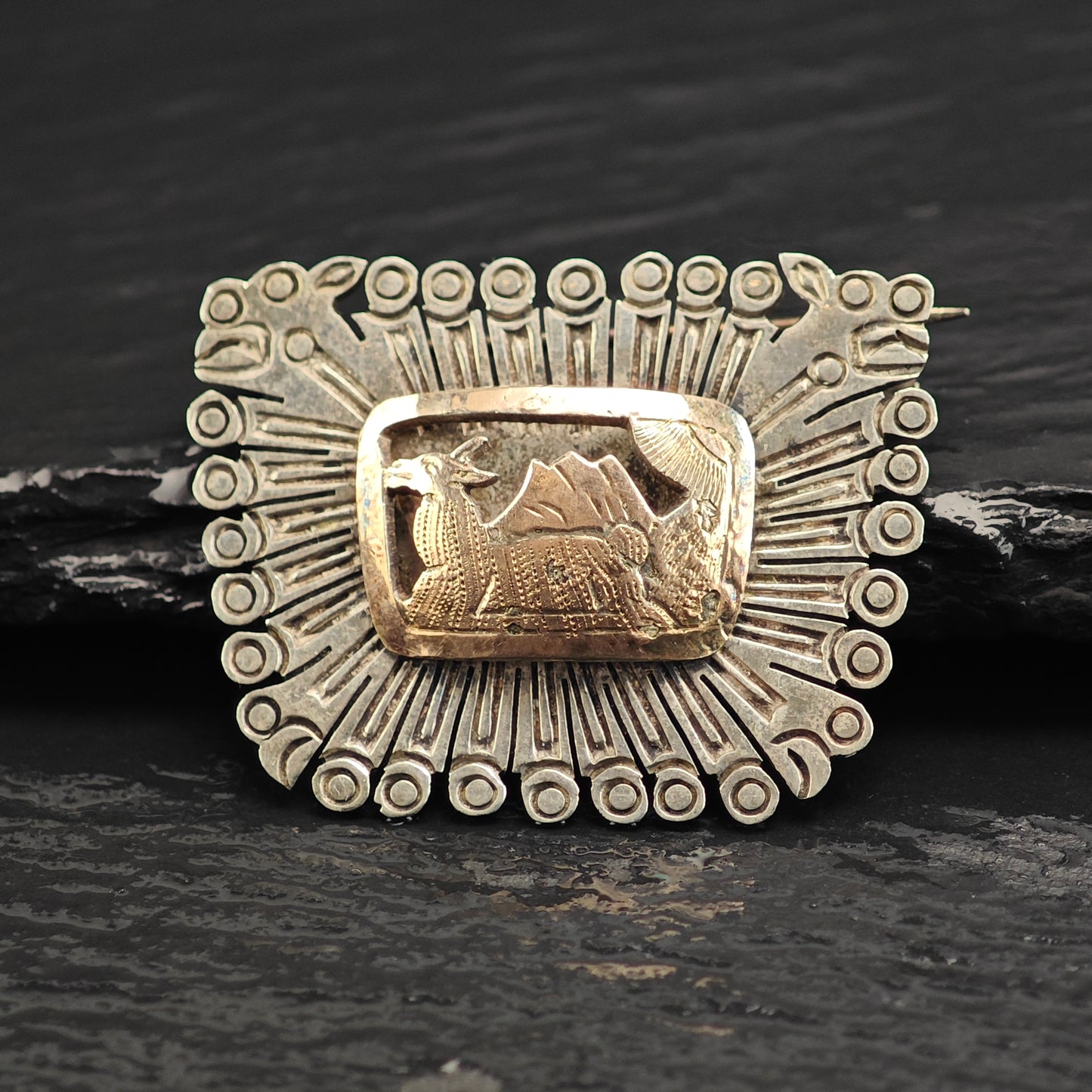 Landscape, Donkey, Gold Tone Accent Sterling Silver Brooch B2210