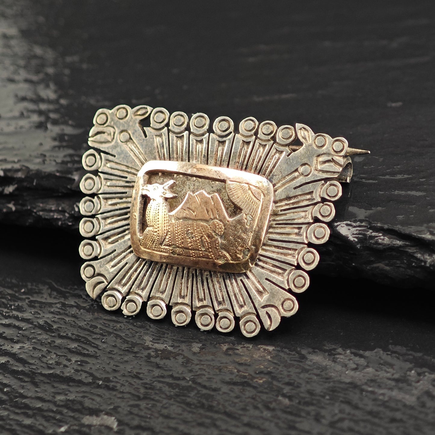 Landscape, Donkey, Gold Tone Accent Sterling Silver Brooch B2210