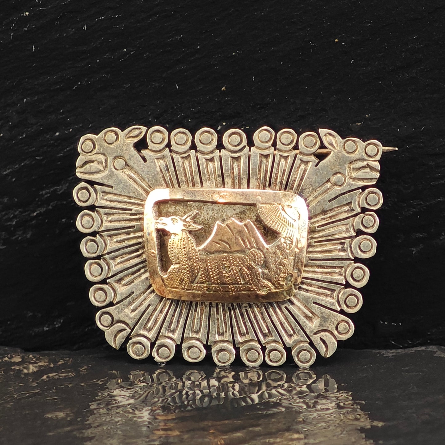 Landscape, Donkey, Gold Tone Accent Sterling Silver Brooch B2210
