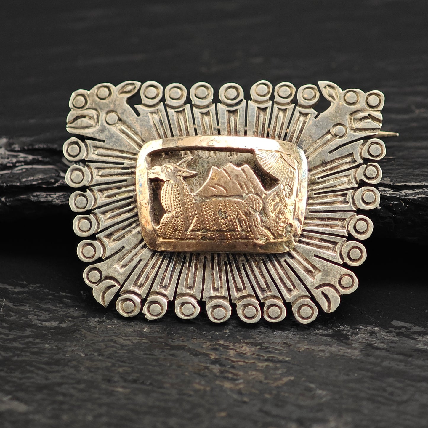Landscape, Donkey, Gold Tone Accent Sterling Silver Brooch B2210