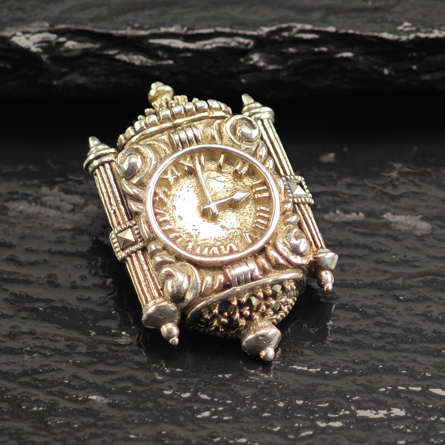 Judith Jack, Clock, Sterling Silver Brooch B2212