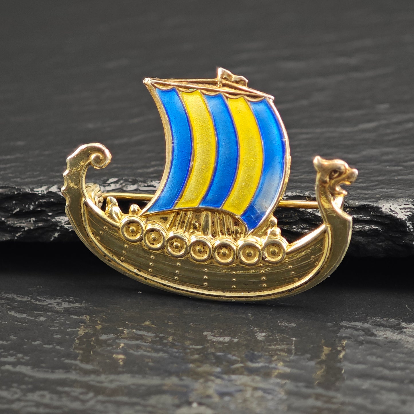 AS IS, Norwegian Viking Ship, Enamel Sterling Silver Brooch B2213
