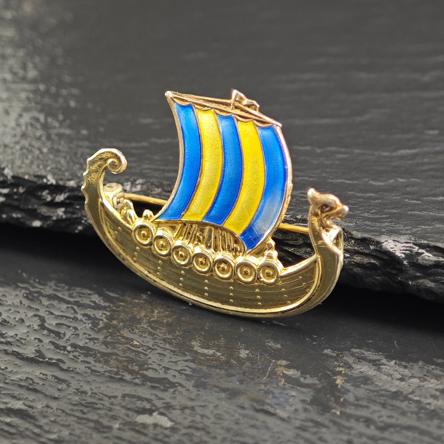AS IS, Norwegian Viking Ship, Enamel Sterling Silver Brooch B2213