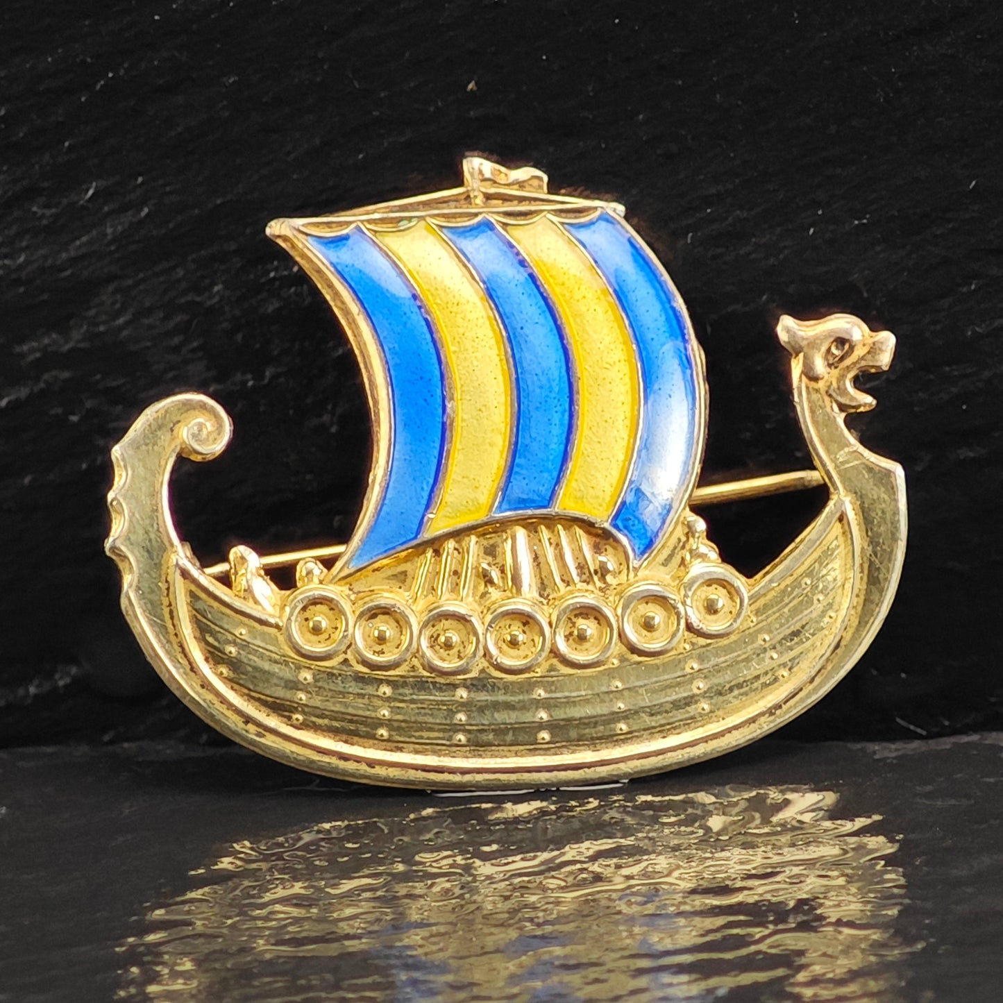 AS IS, Norwegian Viking Ship, Enamel Sterling Silver Brooch B2213