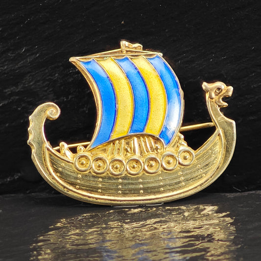 AS IS, Norwegian Viking Ship, Enamel Sterling Silver Brooch B2213