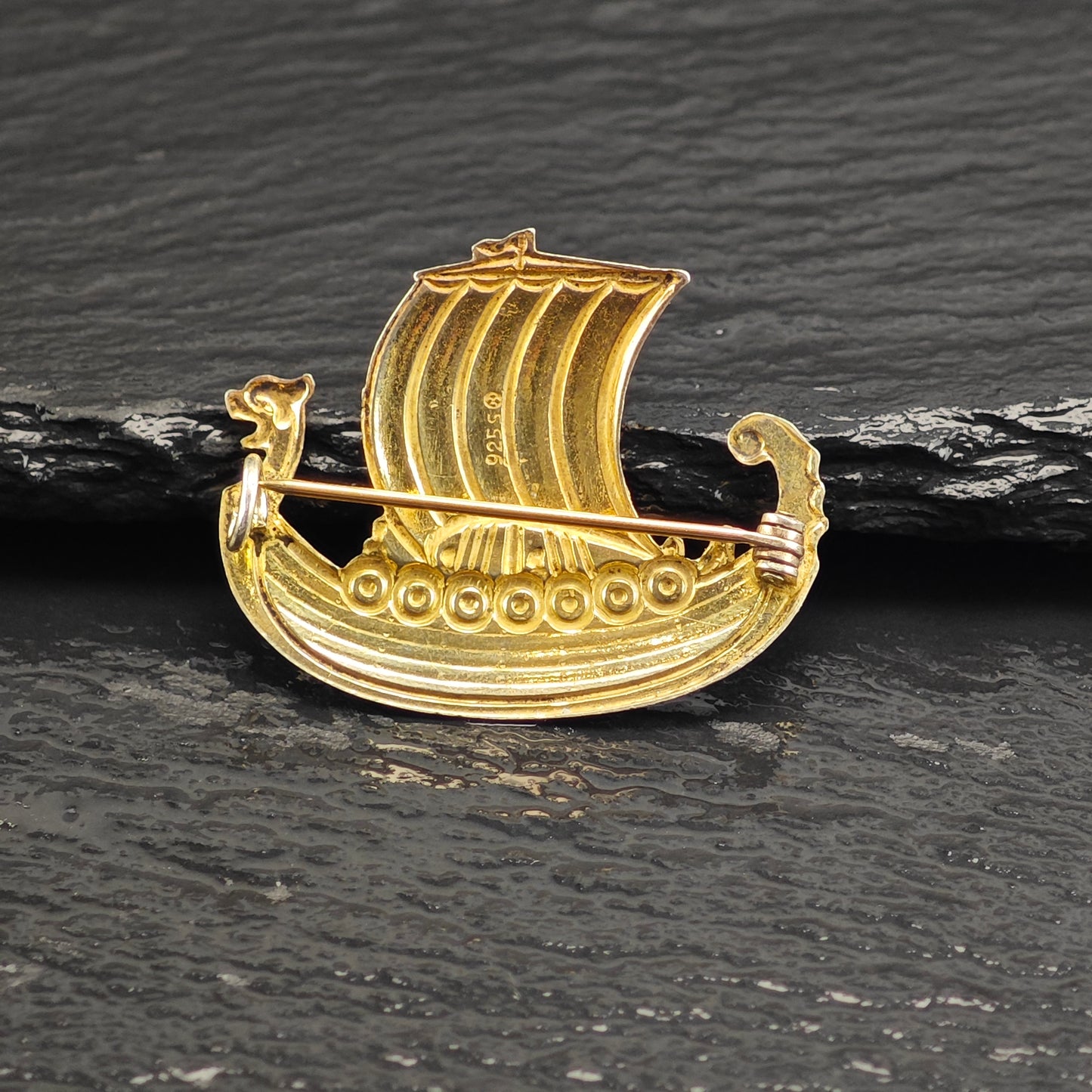 AS IS, Norwegian Viking Ship, Enamel Sterling Silver Brooch B2213