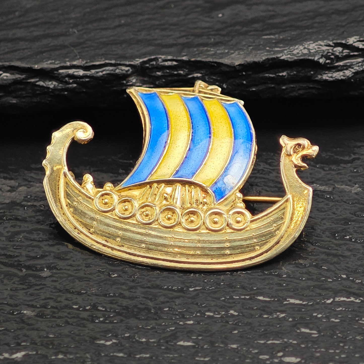 AS IS, Norwegian Viking Ship, Enamel Sterling Silver Brooch B2213